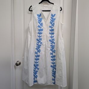 Wayward Fancies By eShakti White Cotton Dress With Blue Botanical Stitching